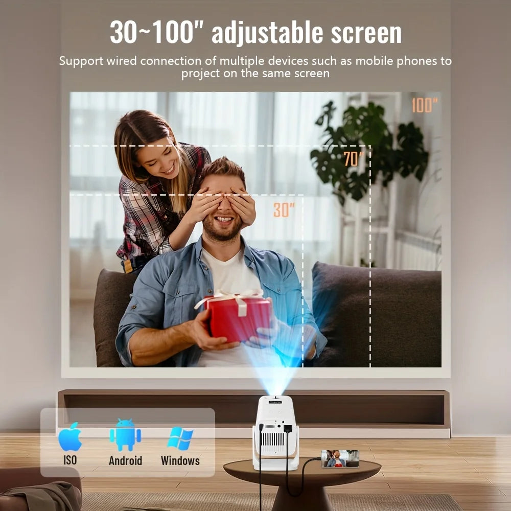 Mini 1 Portable 4K Projector 180° Adjustable 100" Screen USB Phone Sync Ultra-Short Focus 50-99 Brightness Great Gift for Kids